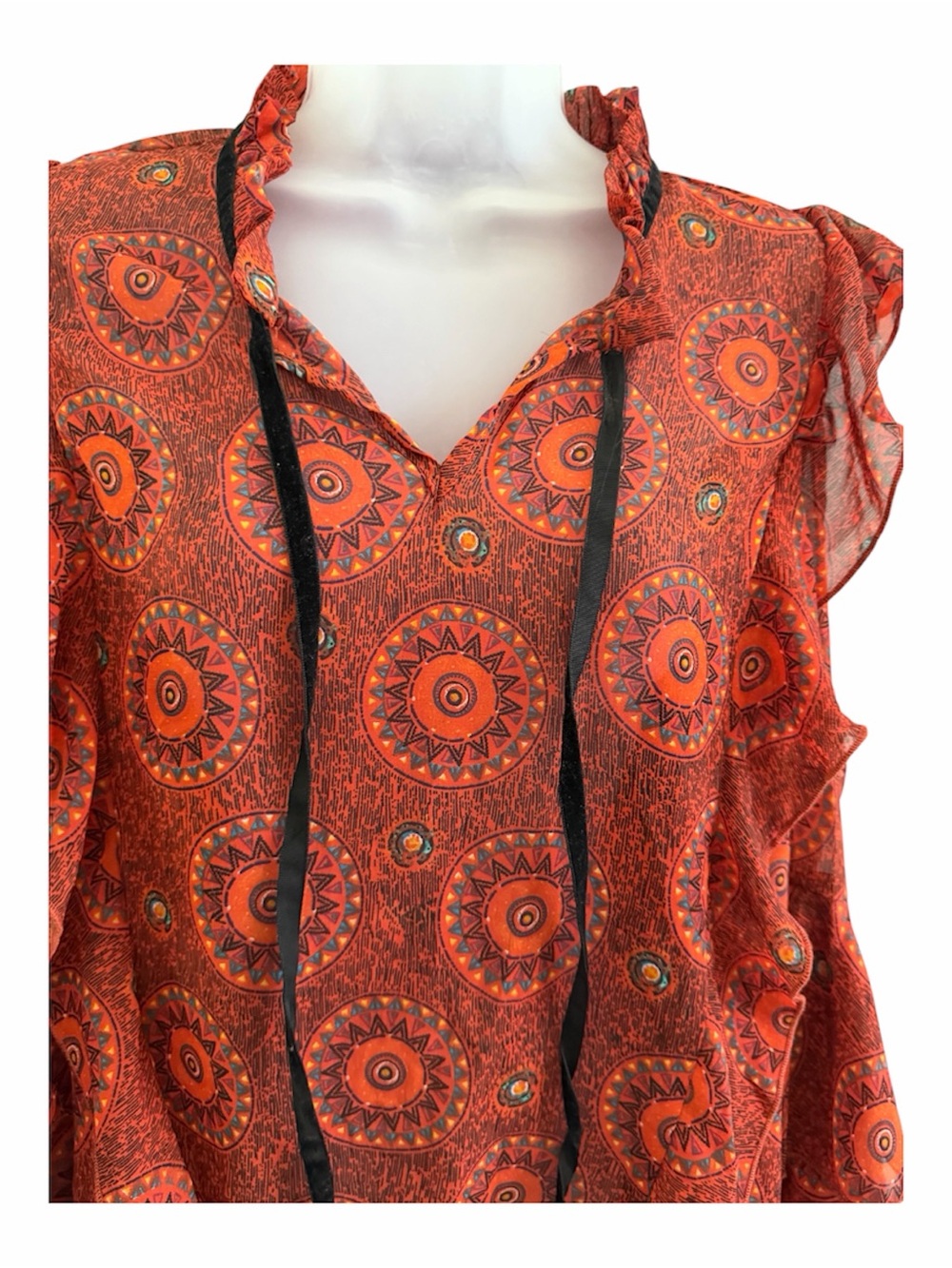 Boho Geometric Medallion Cold Shoulder Ruffle Blouse - Picture 3 of 8